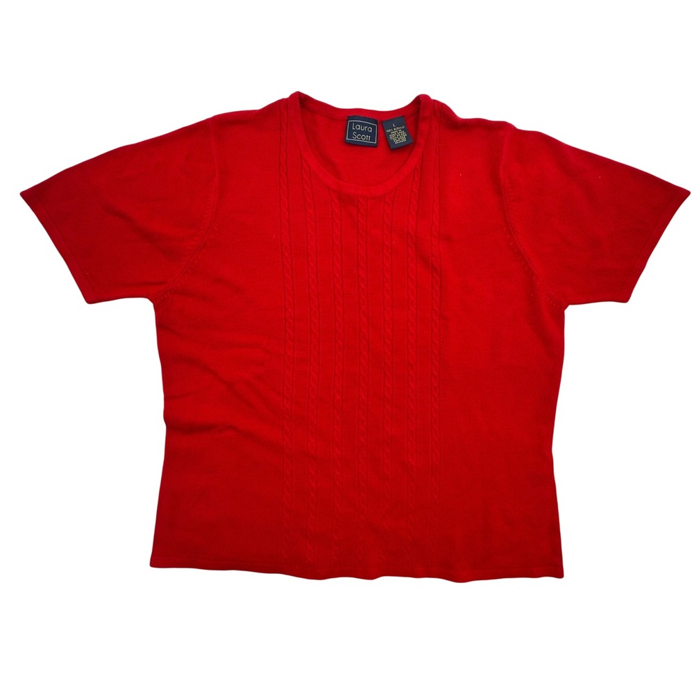 Vintage Laura Scott Women's Large Red Cable Knit Short Sleeve Sweater USA Style